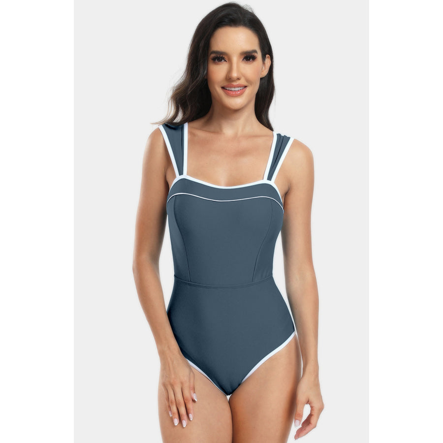 Contrast Trim Wide Strap One - Piece Swimwear Charcoal / S Apparel and Accessories