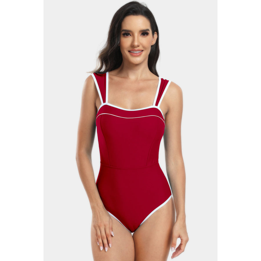 Contrast Trim Wide Strap One - Piece Swimwear Scarlet / S Apparel and Accessories