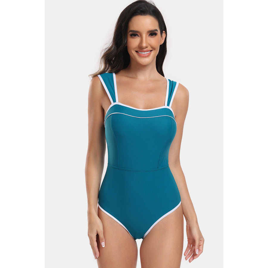 Contrast Trim Wide Strap One - Piece Swimwear Turquoise / S Apparel and Accessories