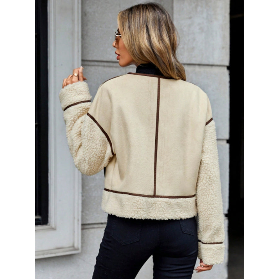 Contrast Trim Zip Up Sherpa Jacket Cream / M Apparel and Accessories