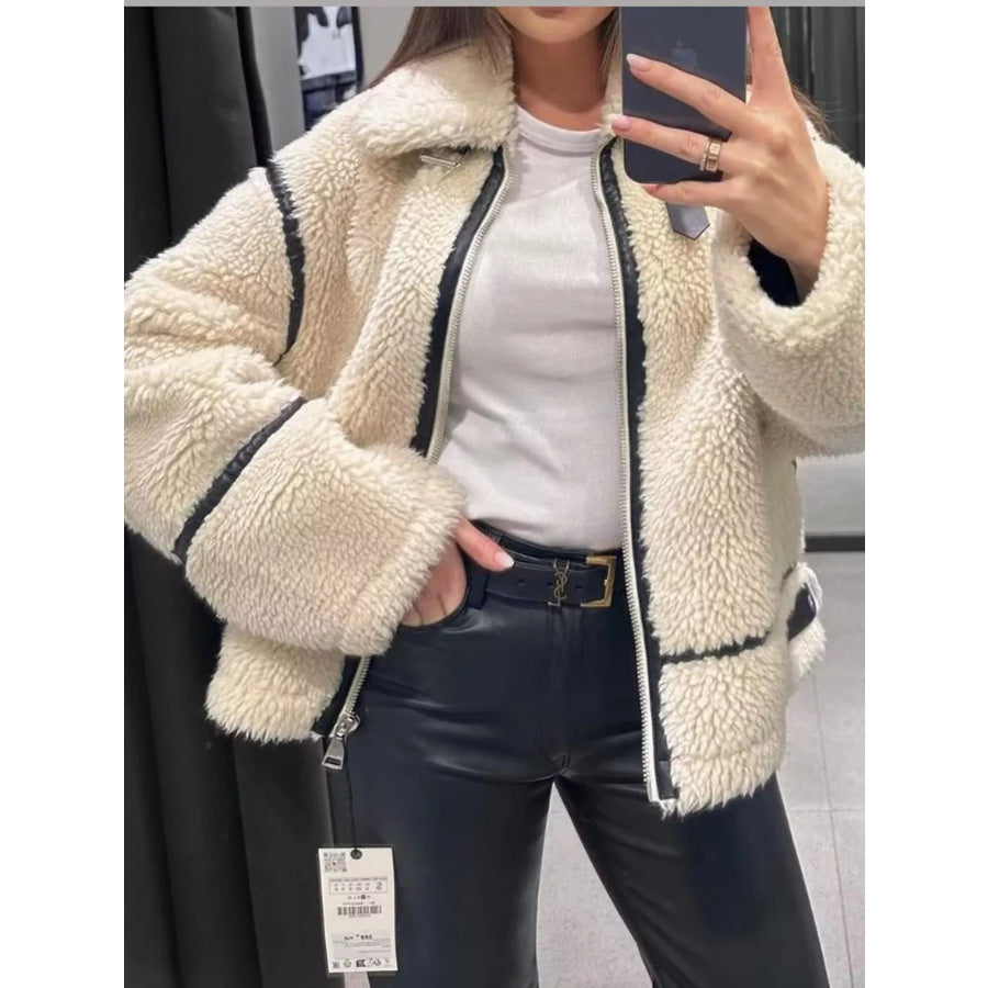 Contrast Trim Zip Up Sherpa Outerwear Apparel and Accessories