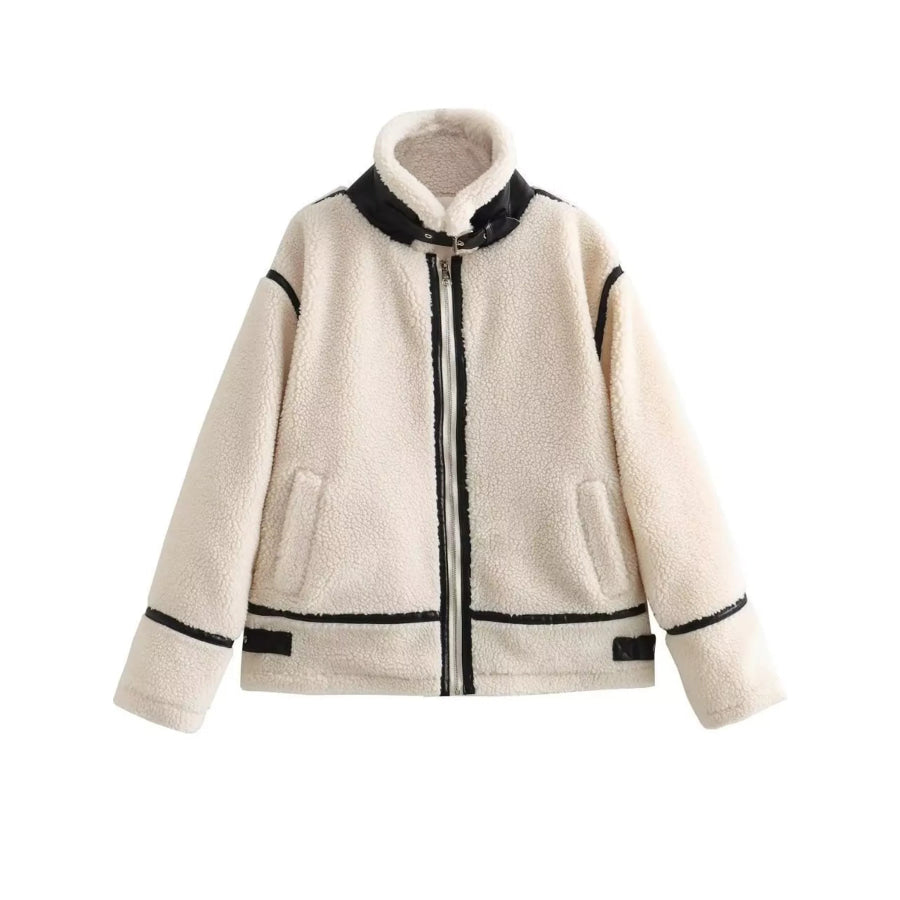 Contrast Trim Zip Up Sherpa Outerwear Apparel and Accessories