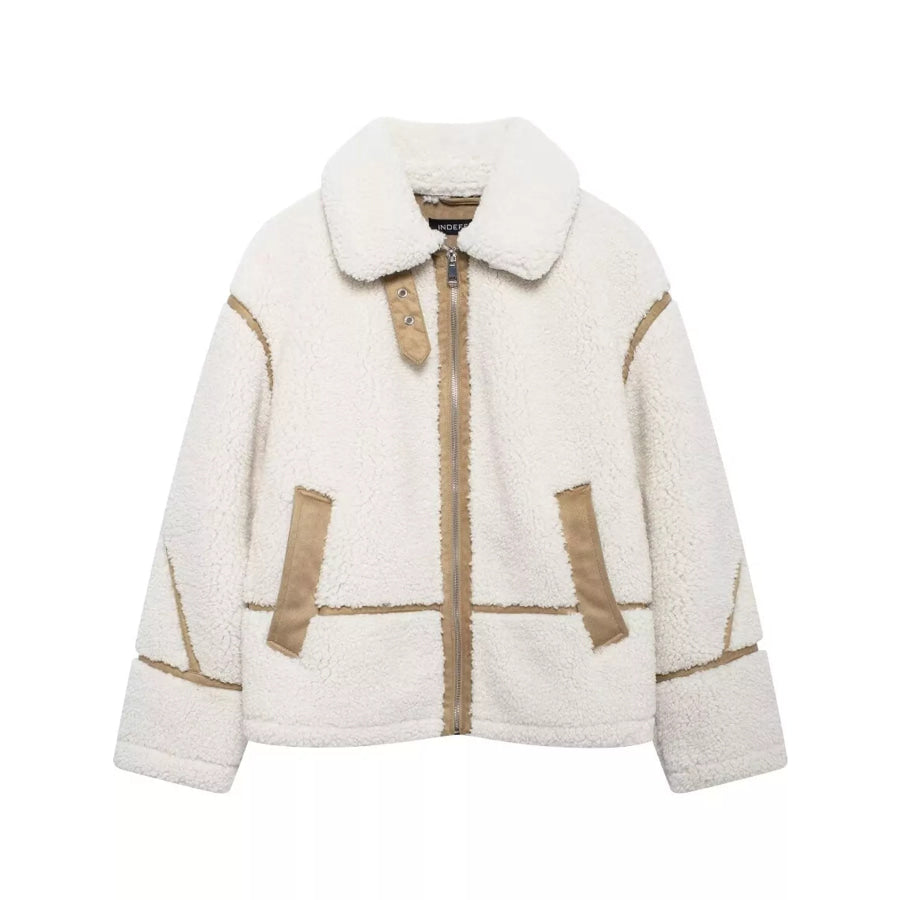 Contrast Trim Zip Up Sherpa Outerwear Off-White / XS Apparel and Accessories