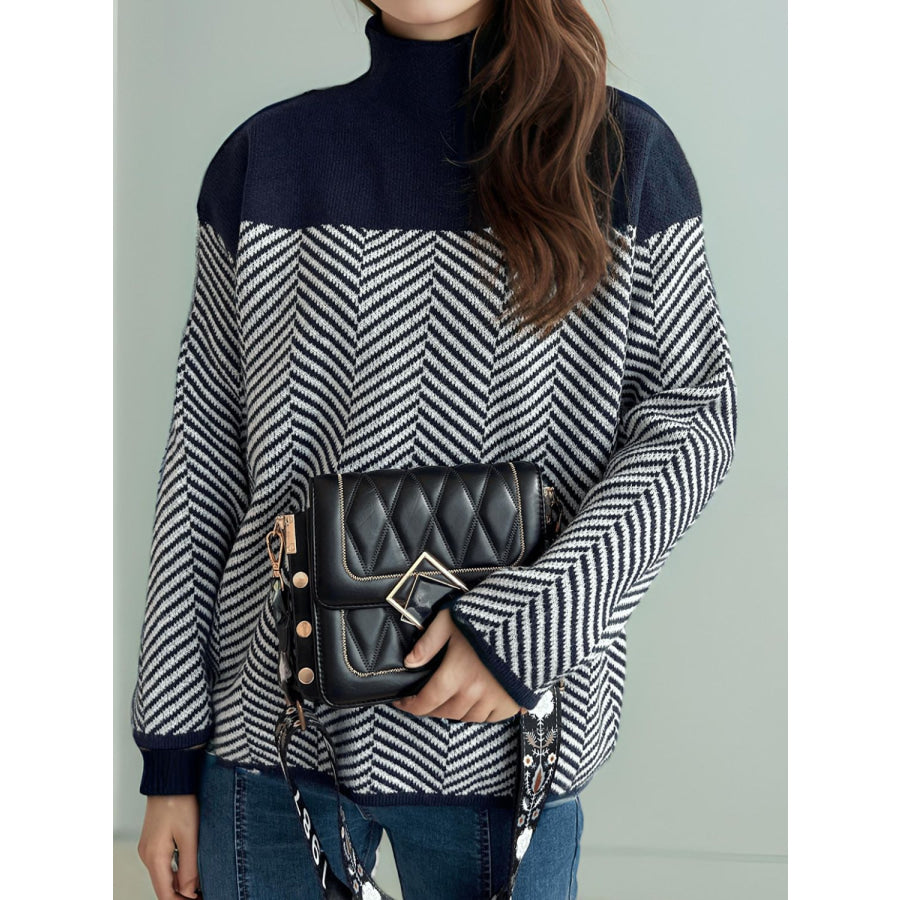 Contrast Turtleneck Long Sleeve Sweater Apparel and Accessories