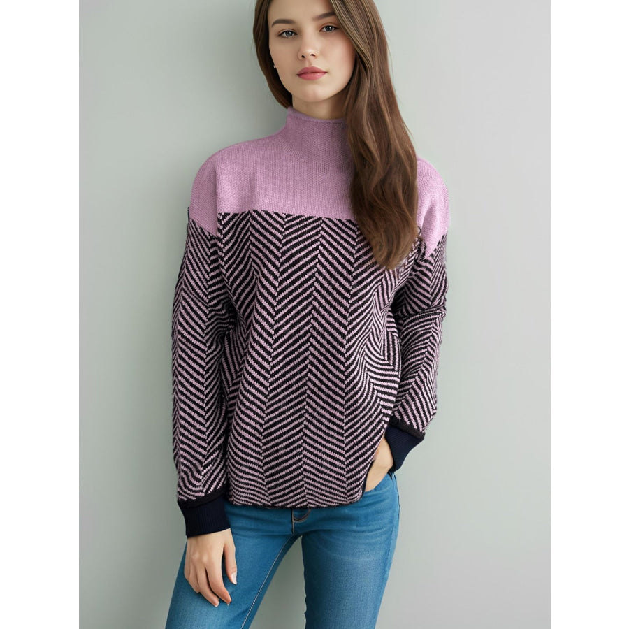 Contrast Turtleneck Long Sleeve Sweater Apparel and Accessories