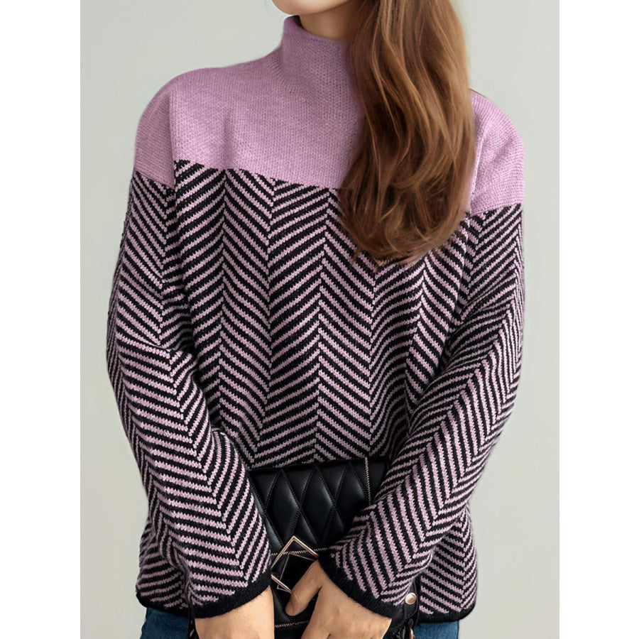 Contrast Turtleneck Long Sleeve Sweater Apparel and Accessories