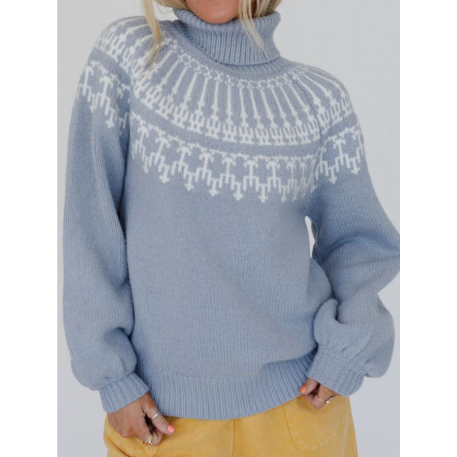 Contrast Turtleneck Long Sleeve Sweater Light Blue / S Apparel and Accessories