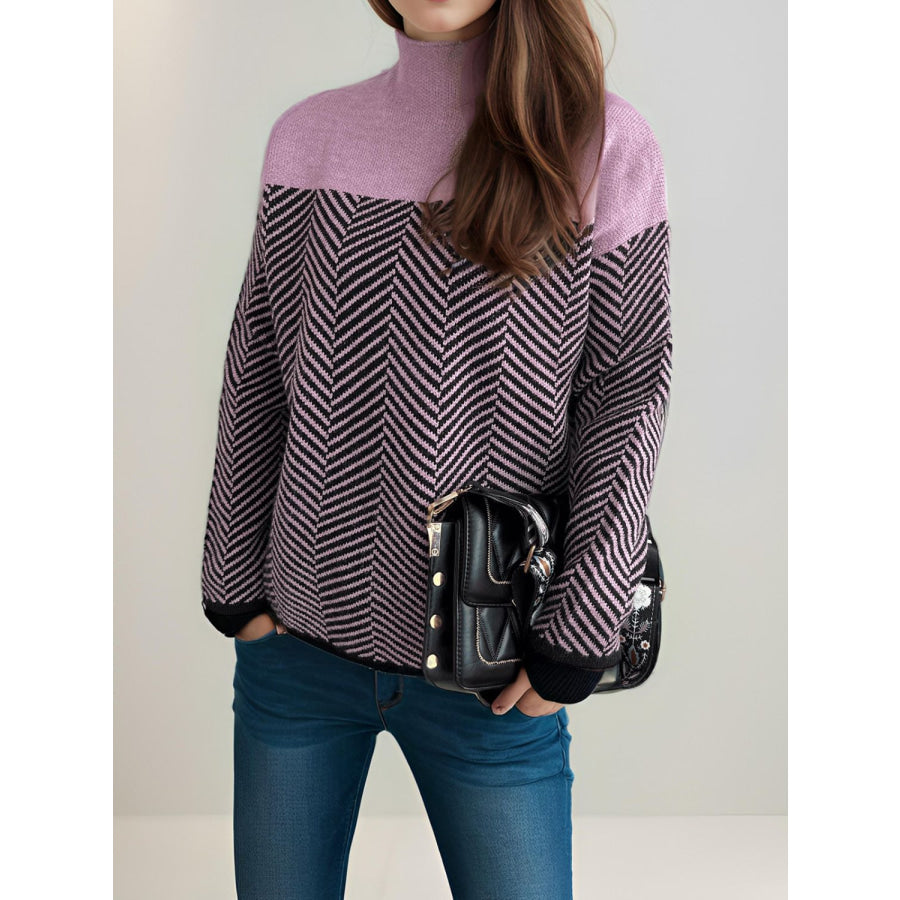 Contrast Turtleneck Long Sleeve Sweater Apparel and Accessories