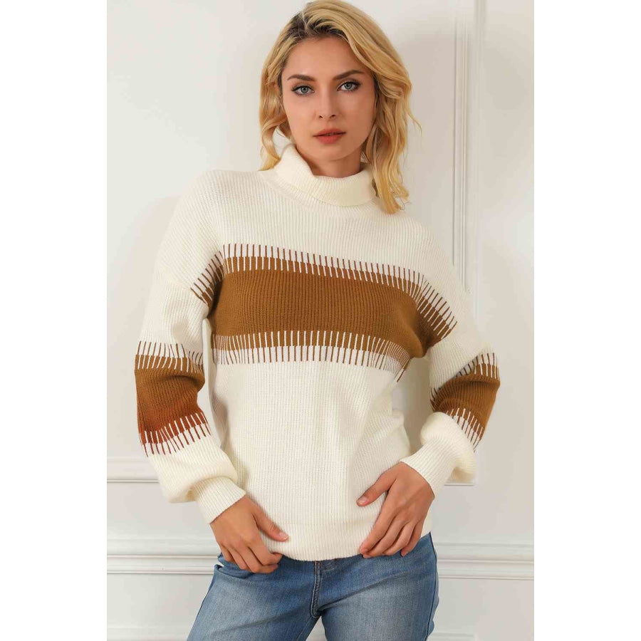 Contrast Turtleneck Long Sleeve Sweater Cream / M