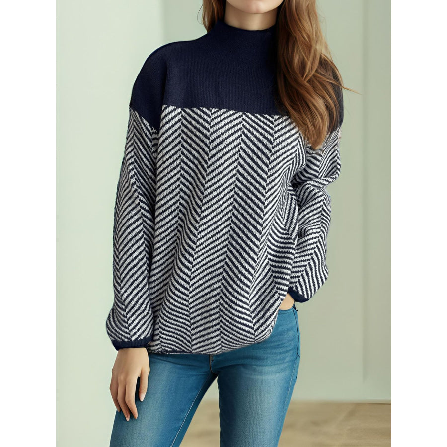 Contrast Turtleneck Long Sleeve Sweater Dark Blue / One Size Apparel and Accessories