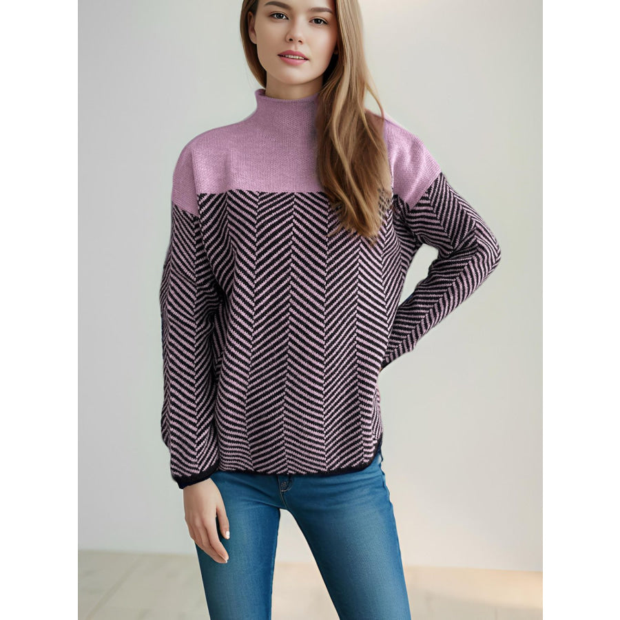 Contrast Turtleneck Long Sleeve Sweater Lavender / One Size Apparel and Accessories