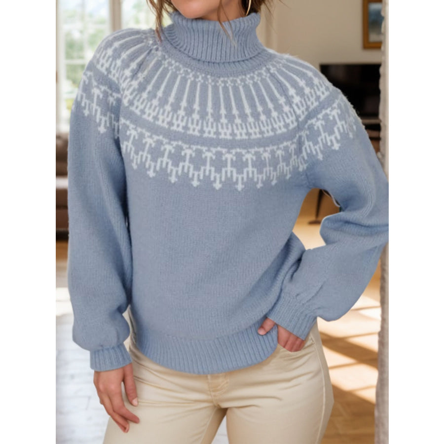 Contrast Turtleneck Long Sleeve Sweater Light Blue / S Apparel and Accessories