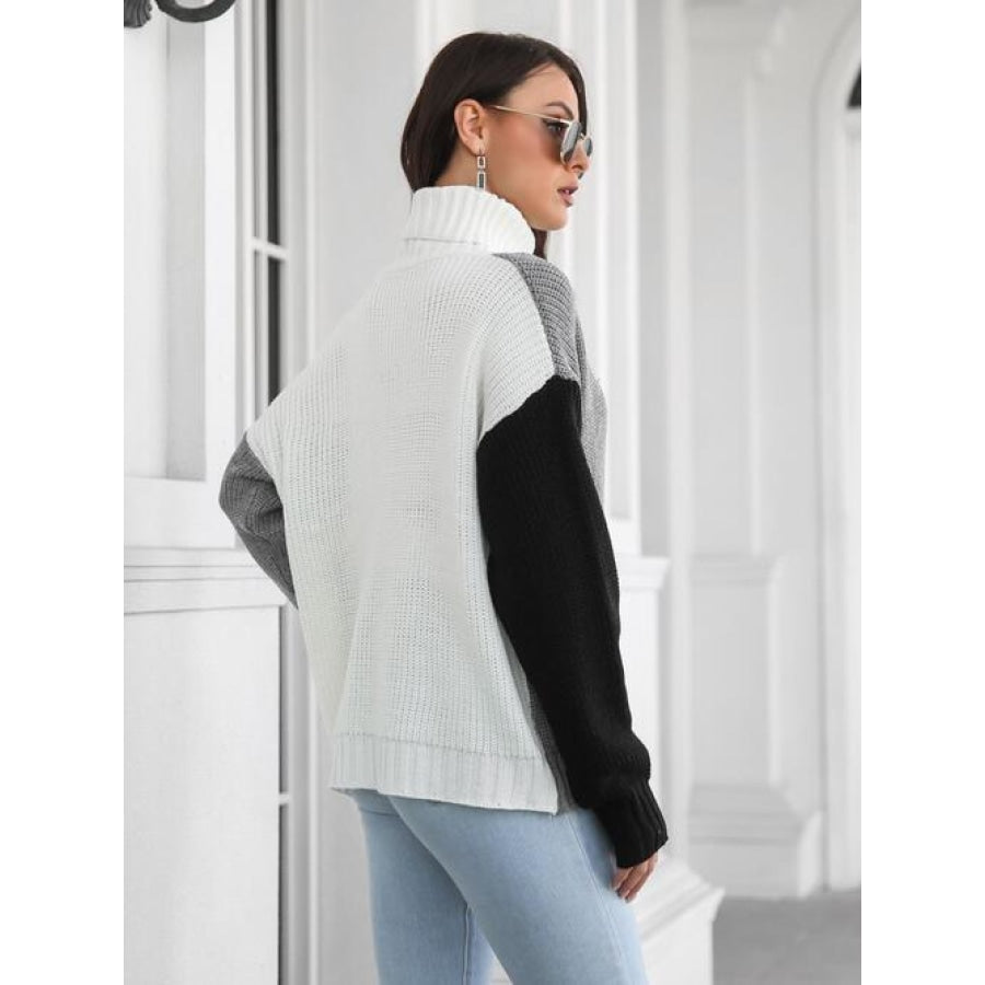 Contrast Turtleneck Long Sleeve Sweater