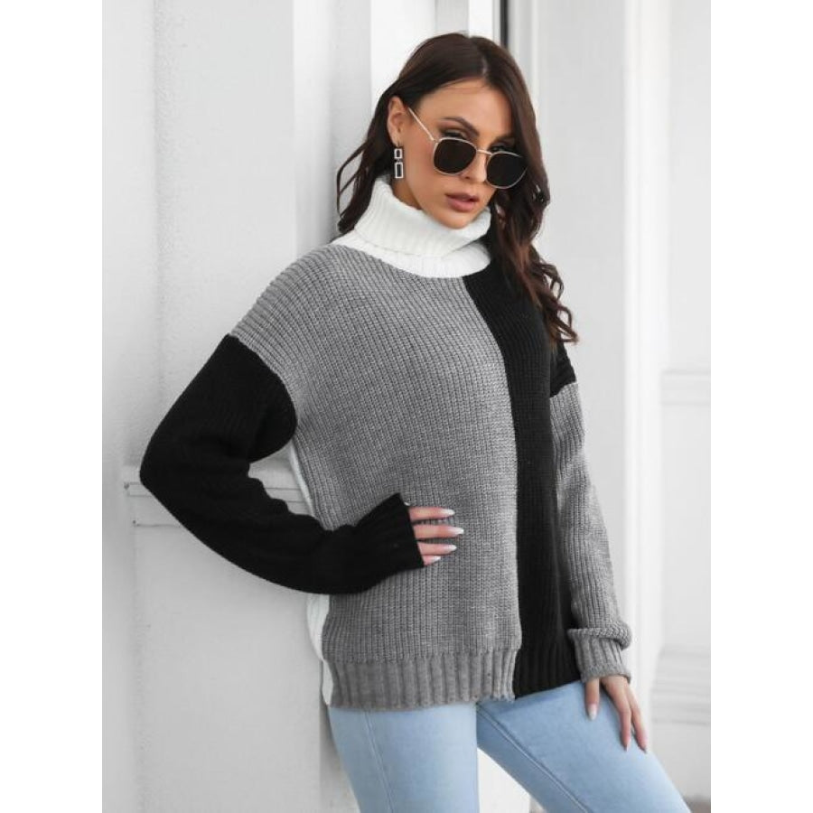 Contrast Turtleneck Long Sleeve Sweater