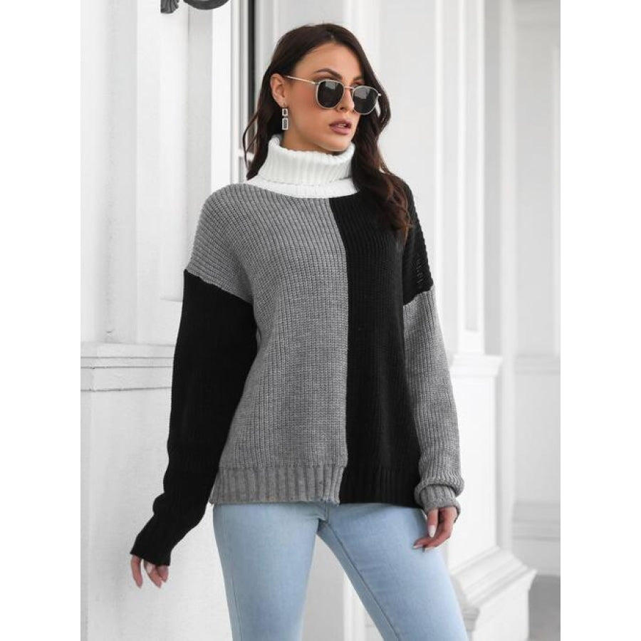 Contrast Turtleneck Long Sleeve Sweater