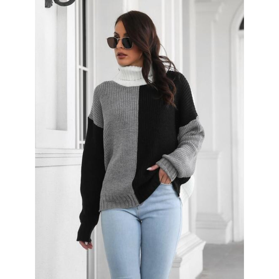 Contrast Turtleneck Long Sleeve Sweater