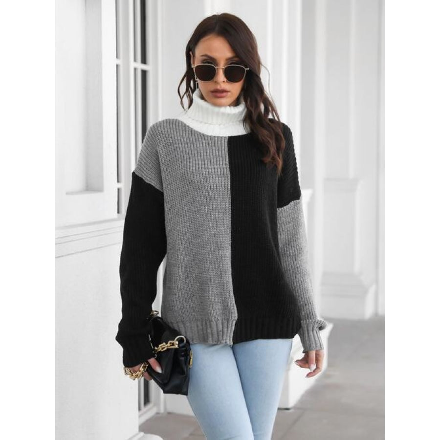 Contrast Turtleneck Long Sleeve Sweater