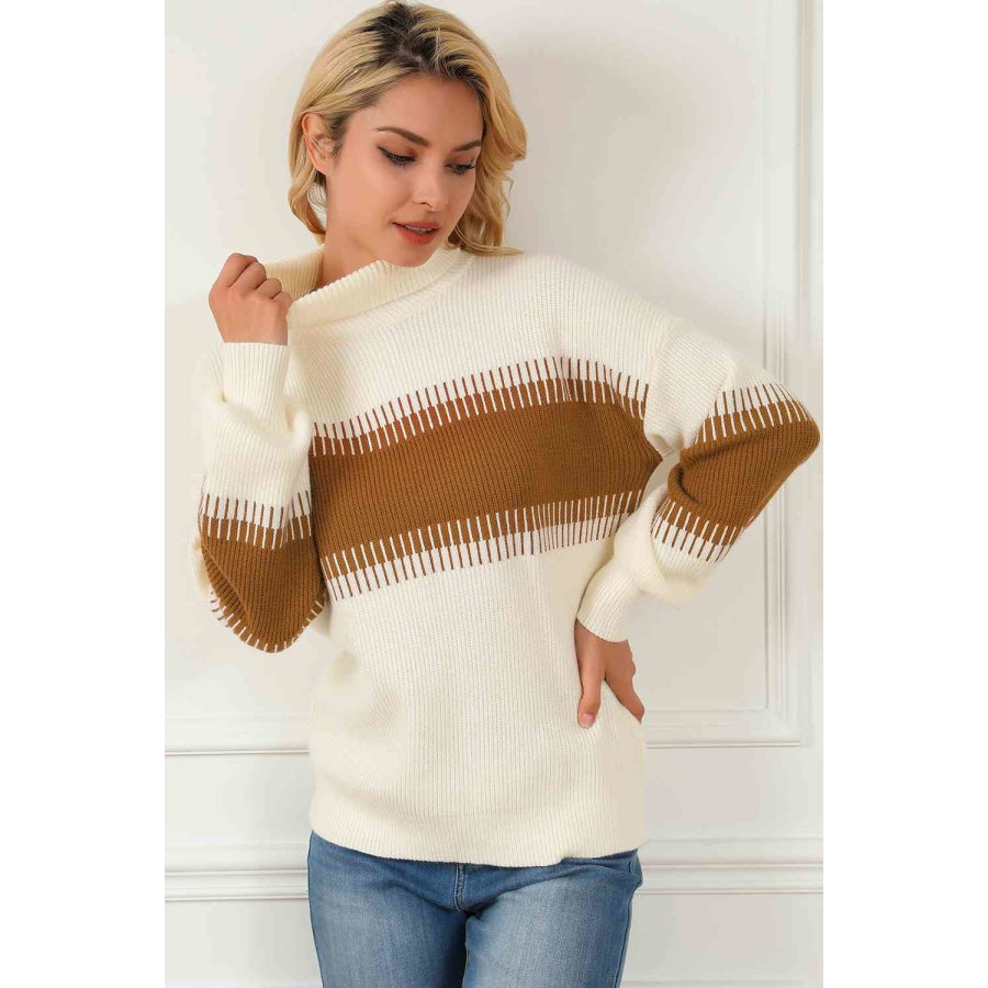 Contrast Turtleneck Long Sleeve Sweater