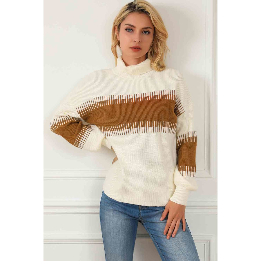 Contrast Turtleneck Long Sleeve Sweater