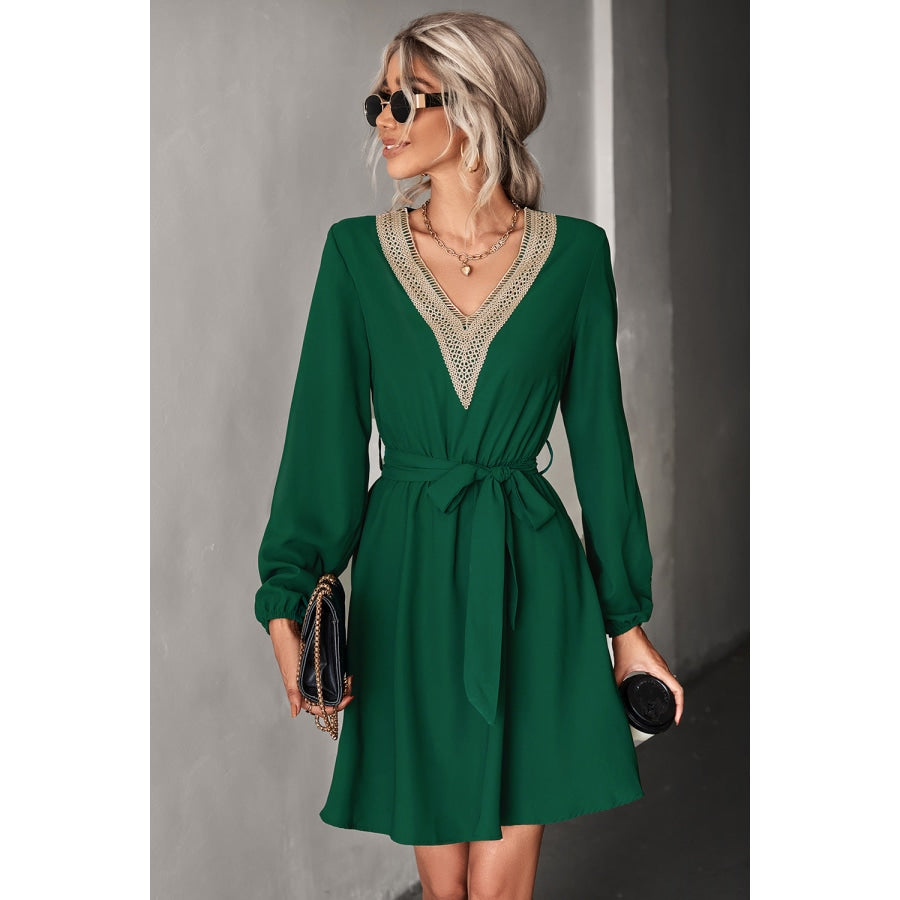 Contrast V-Neck Belted Dress Forest / S