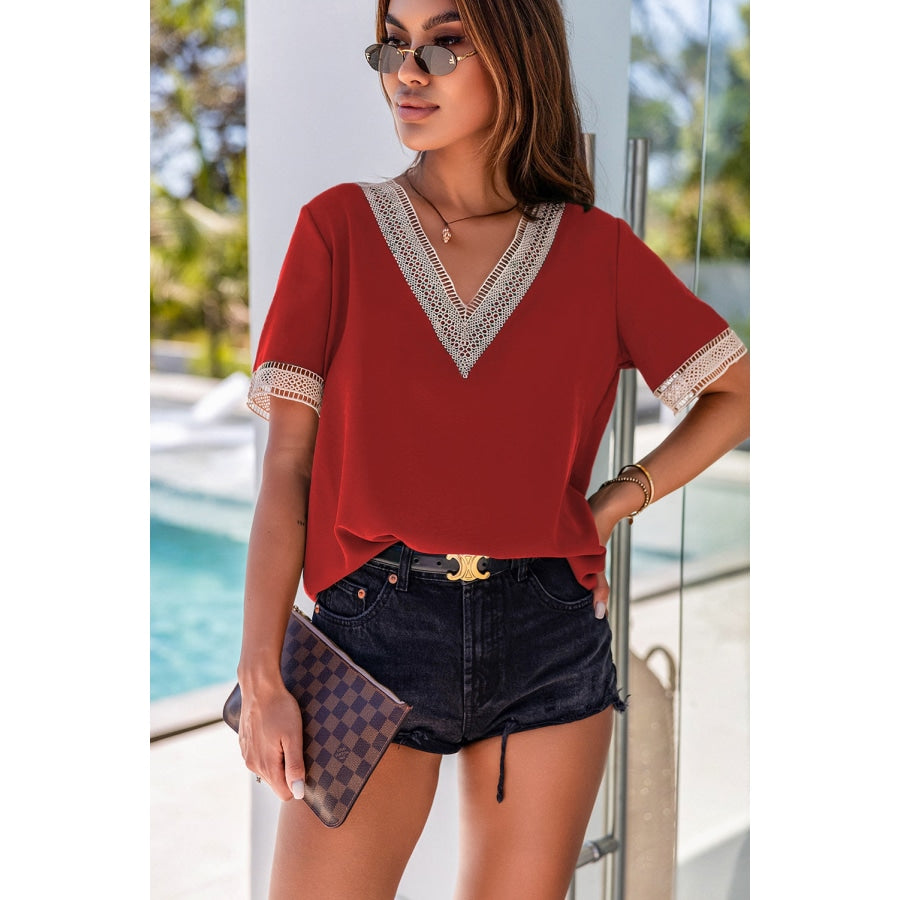 Contrast V-Neck Blouse Deep Red / 2XL