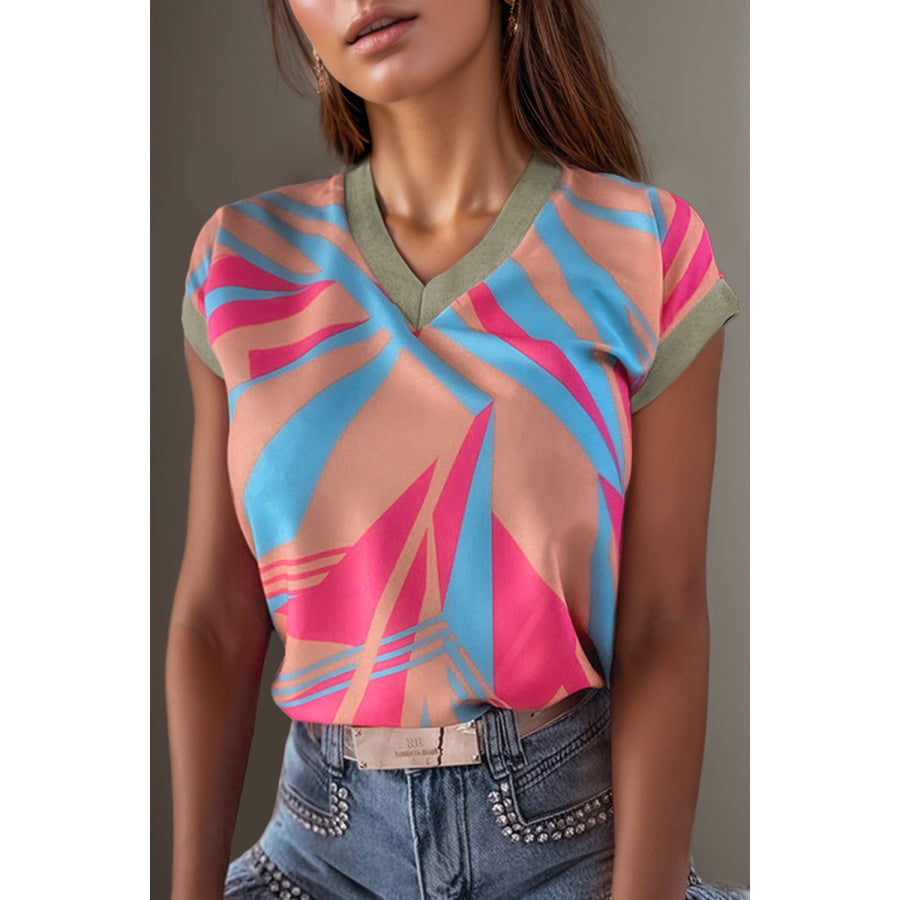 Contrast V - Neck Cap Sleeve Blouse Multicolor / S Apparel and Accessories