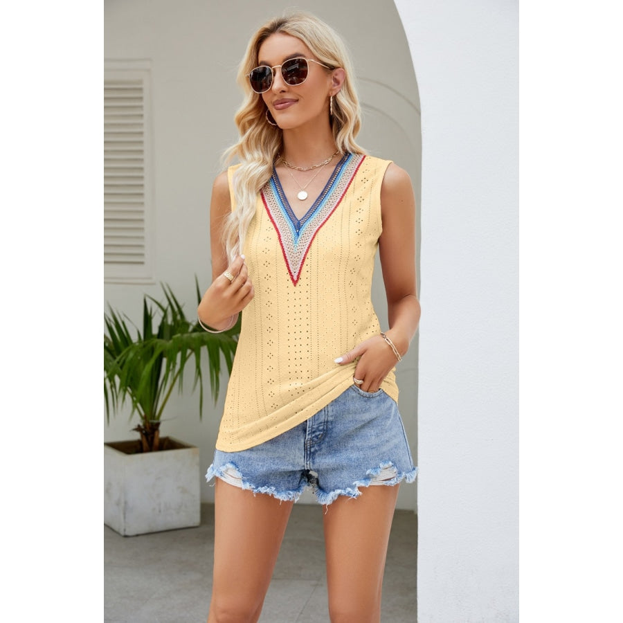 Contrast V-Neck Eyelet Tank Butter Yellow / S