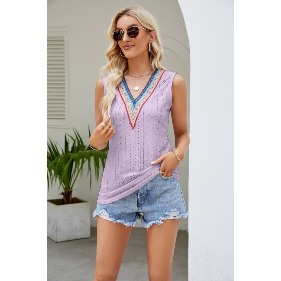 Contrast V-Neck Eyelet Tank Lavender / S