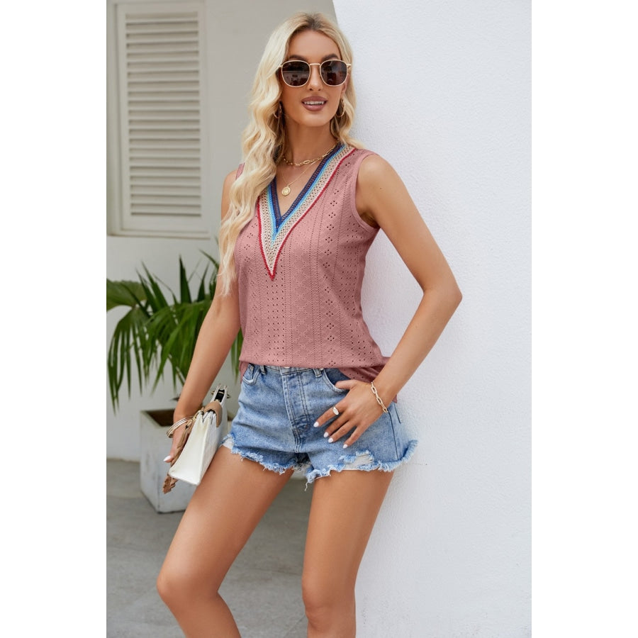 Contrast V-Neck Eyelet Tank