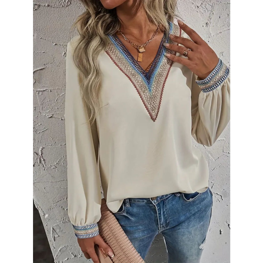 Contrast V-Neck Long Sleeve Blouse Apparel and Accessories