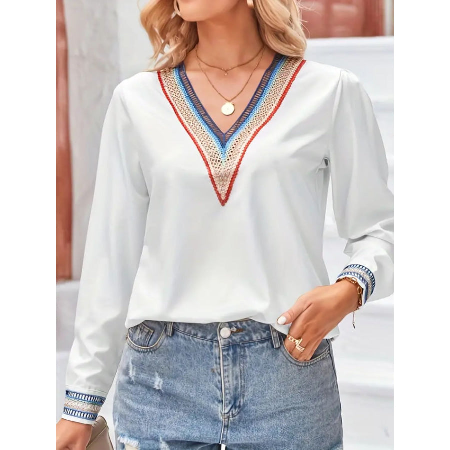 Contrast V-Neck Long Sleeve Blouse Apparel and Accessories