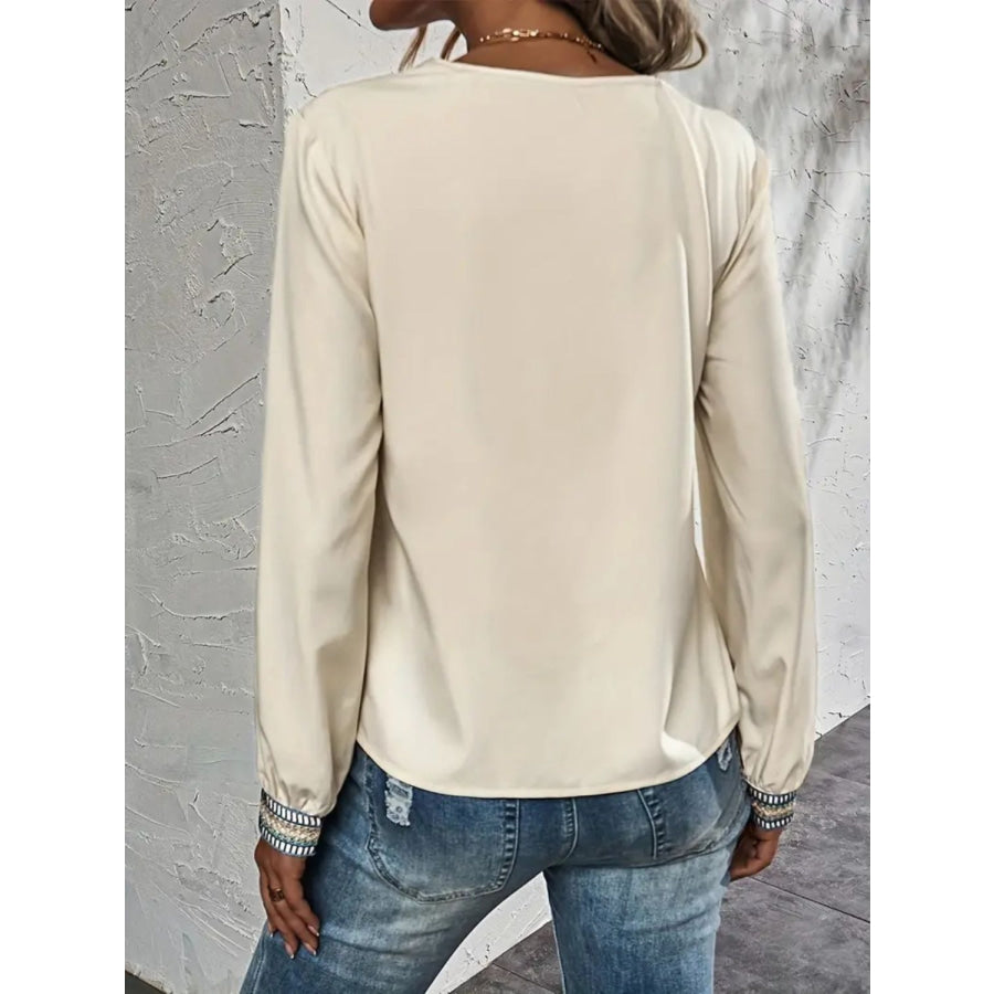 Contrast V-Neck Long Sleeve Blouse Apparel and Accessories