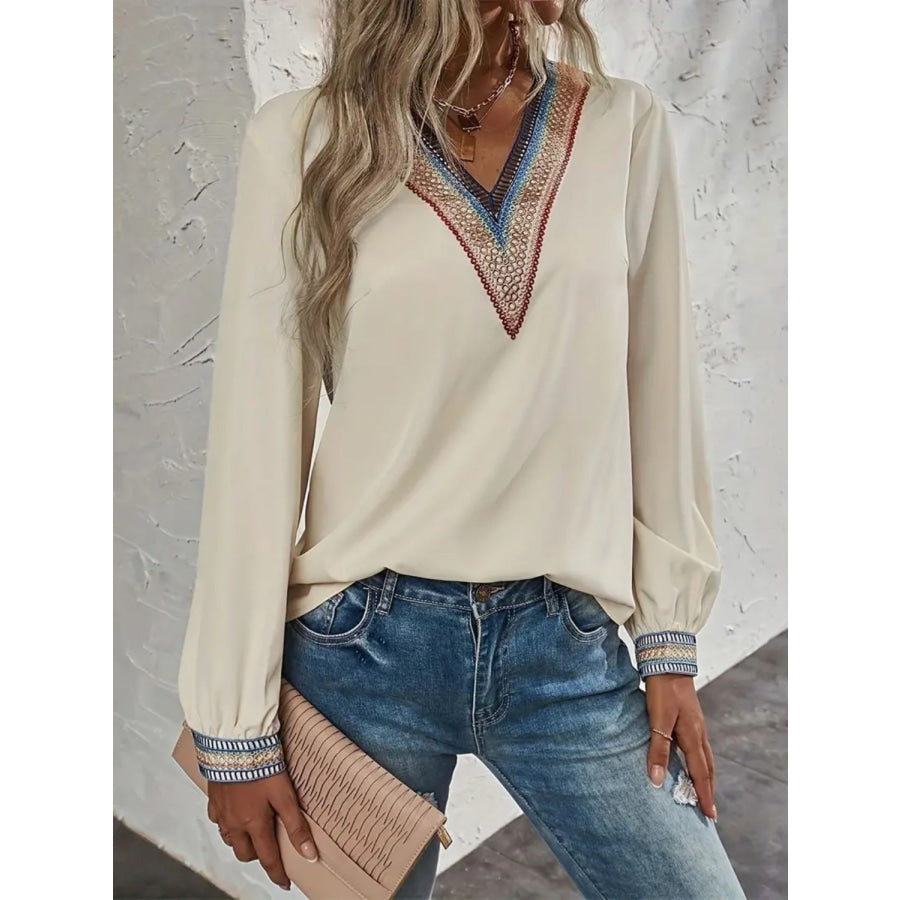 Contrast V-Neck Long Sleeve Blouse Apparel and Accessories