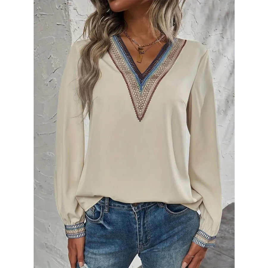 Contrast V-Neck Long Sleeve Blouse Beige / S Apparel and Accessories