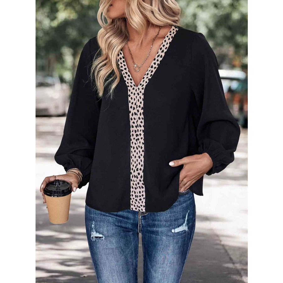 Contrast V-Neck Long Sleeve Blouse Black / S