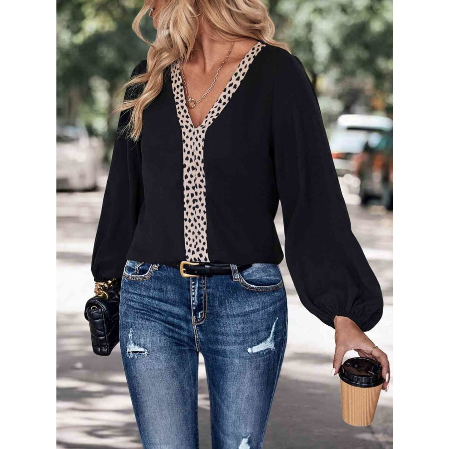 Contrast V-Neck Long Sleeve Blouse