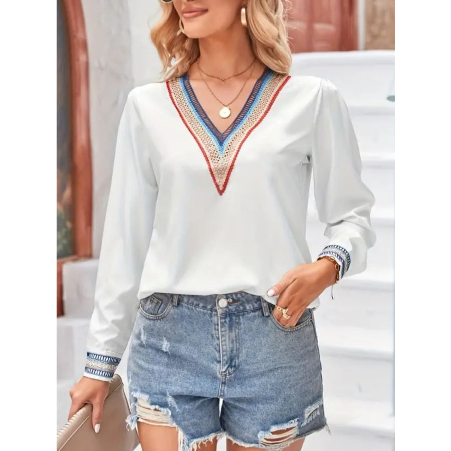 Contrast V-Neck Long Sleeve Blouse White / S Apparel and Accessories