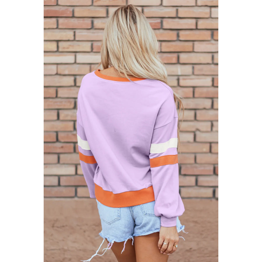 Contrast V-Neck Long Sleeve Sweatshirt Lavender / S Apparel and Accessories