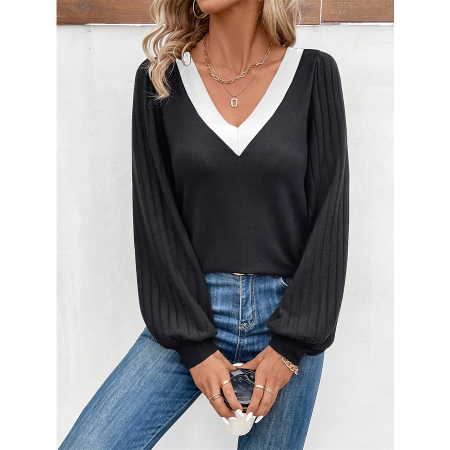 Contrast V-Neck Long Sleeve T-Shirt Apparel and Accessories