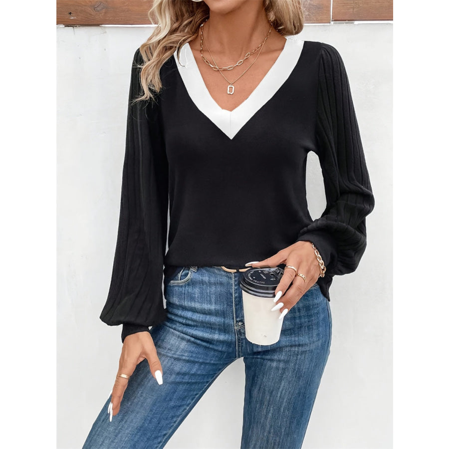 Contrast V-Neck Long Sleeve T-Shirt Apparel and Accessories