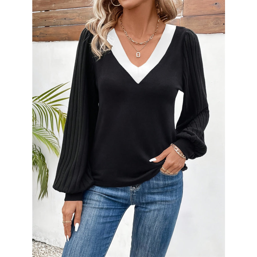 Contrast V-Neck Long Sleeve T-Shirt Black / S Apparel and Accessories