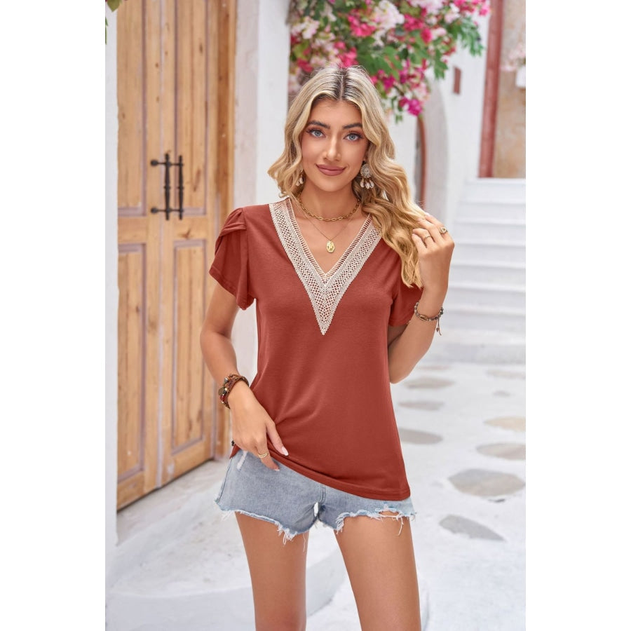 Contrast V-Neck Petal Sleeve Top Ochre / S