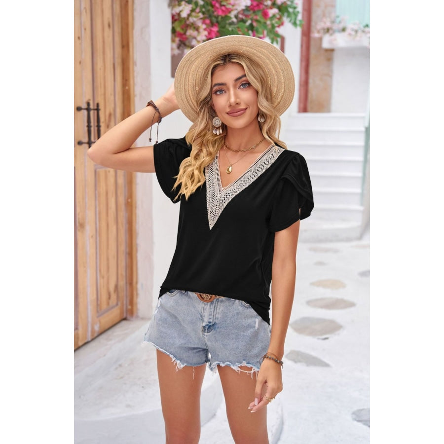 Contrast V-Neck Petal Sleeve Top