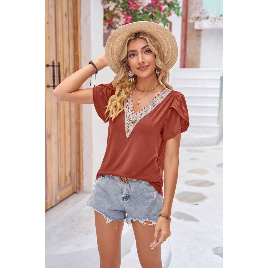 Contrast V-Neck Petal Sleeve Top