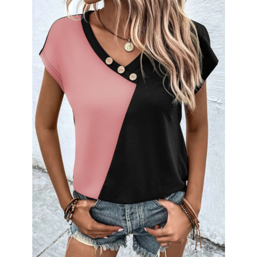 Contrast V-Neck Short Sleeve T-Shirt Pale Blush / S Apparel and Accessories