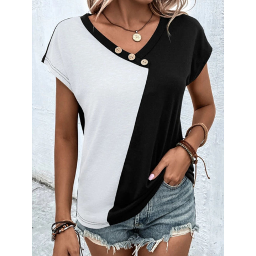 Contrast V-Neck Short Sleeve T-Shirt White / S Apparel and Accessories