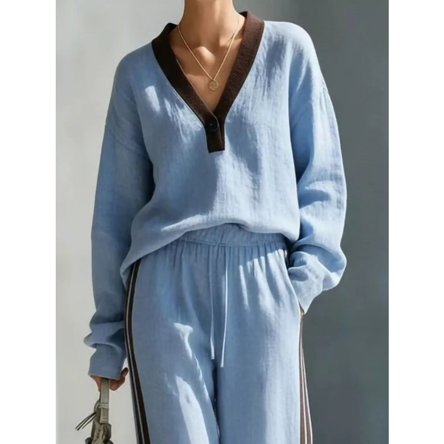Contrast V-Neck Top and Striped Pants Set Blue / S Apparel and Accessories