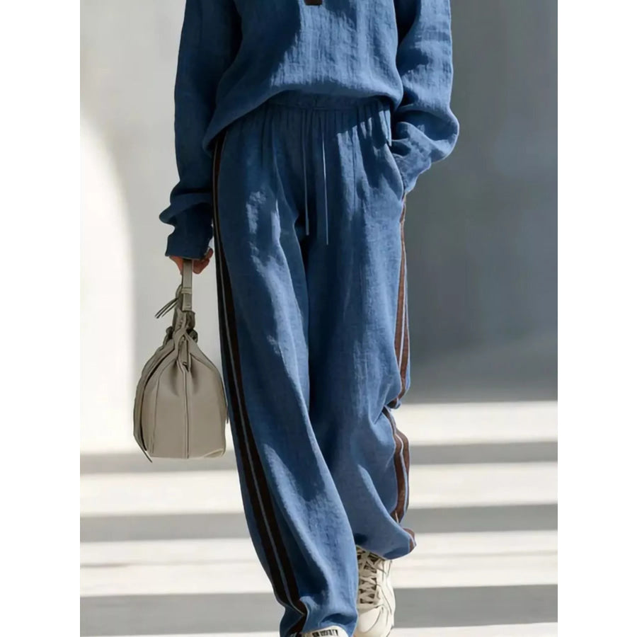 Contrast V-Neck Top and Striped Pants Set Apparel and Accessories