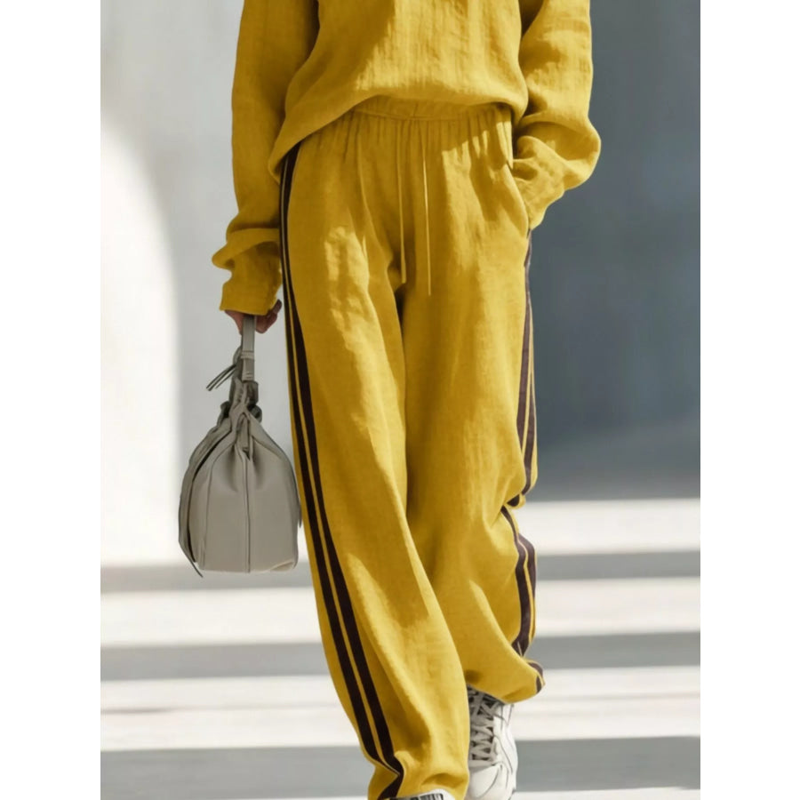 Contrast V-Neck Top and Striped Pants Set Apparel and Accessories