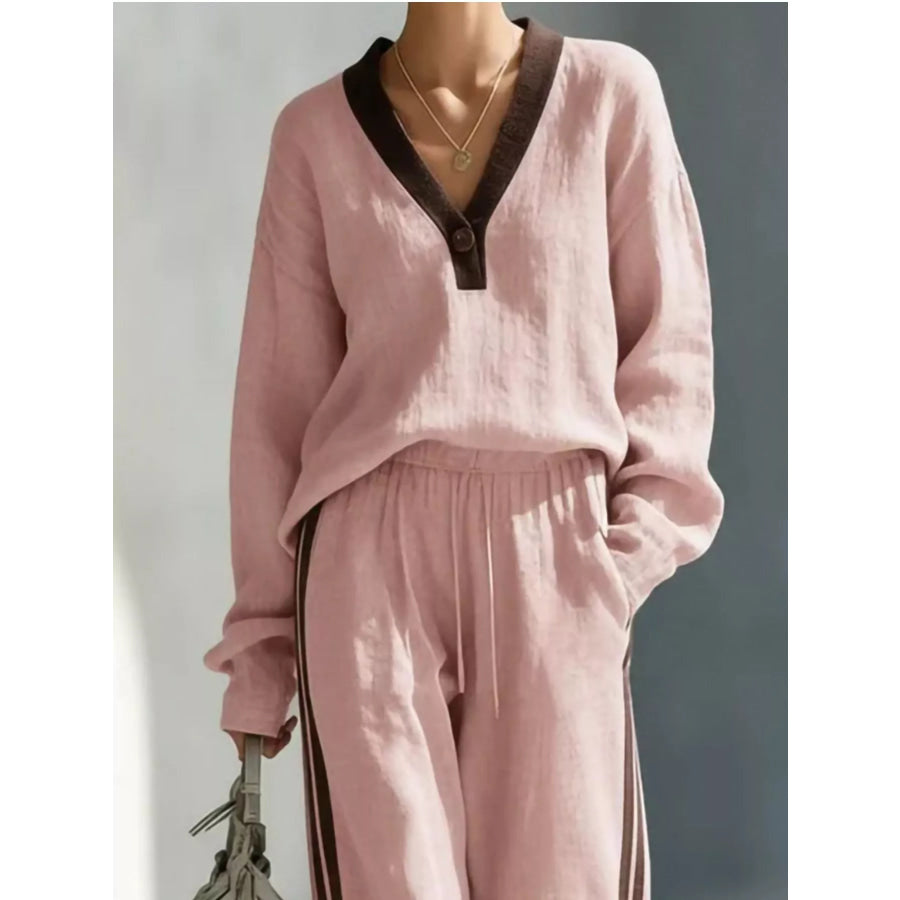 Contrast V-Neck Top and Striped Pants Set Apparel and Accessories